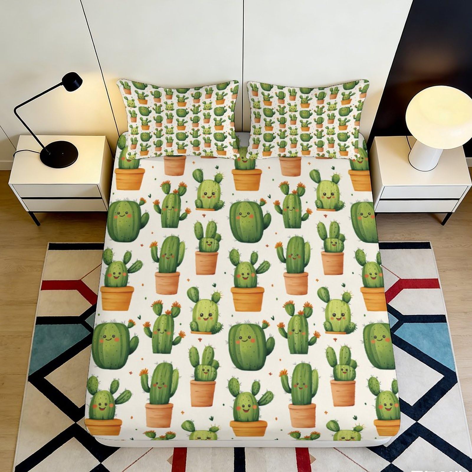 3D Printed Cactus Plant Fitted Sheet Microfiber Green Succulent Bed Cover for Bedroom Dorm Easy Care Decor 90x200x25cm