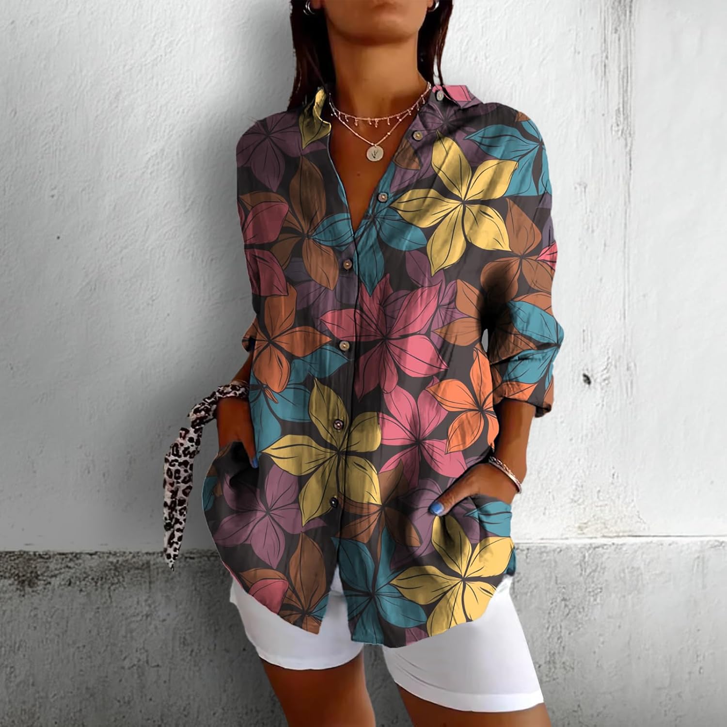 Loose Tops for Women Floral Graphic Active Basic Tops Midweight Shacket V Neck Three-Quarter Sleeve Blouses - Image 2