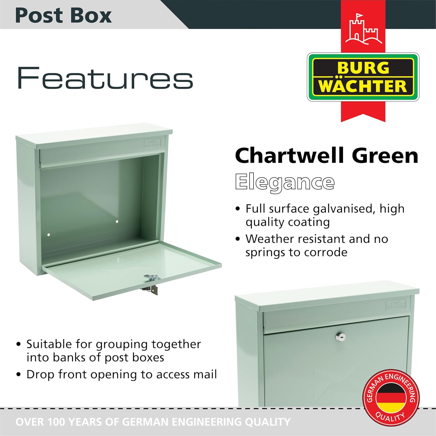 Burg-Wachter MB02CG Chartwell Green Elegance Wall Mounted Galvanised Steel Lockable Weatherproof Post Box - 36x31x10cm