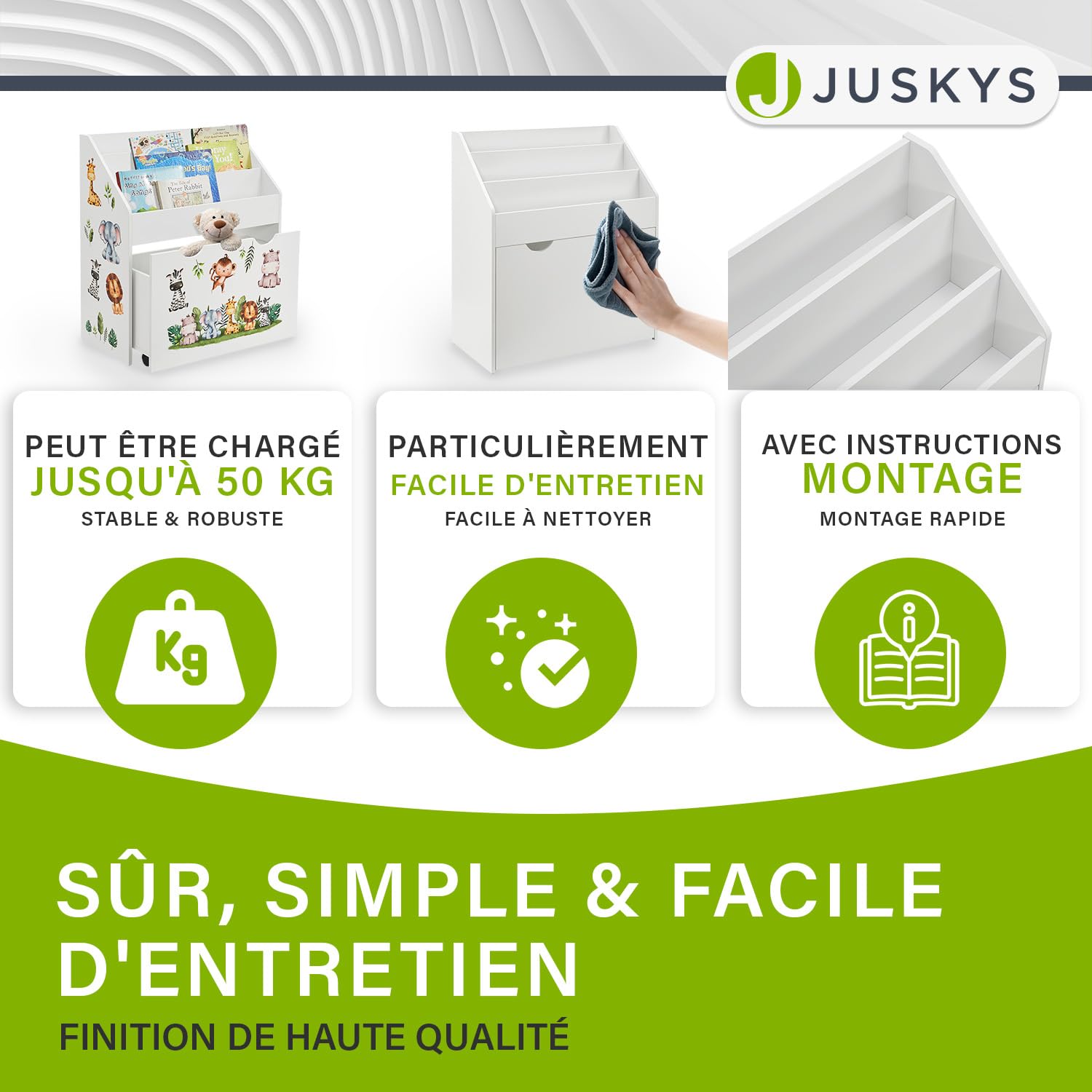 Juskys Bibliothèque pour Enfants avec 3 Compartiments et Coffre à Jouets – Étagère en Bois Blanc – 63 x 30 x 70 cm lPL – Rangement pour Livres et Jouets dans la Chambre d'enfant