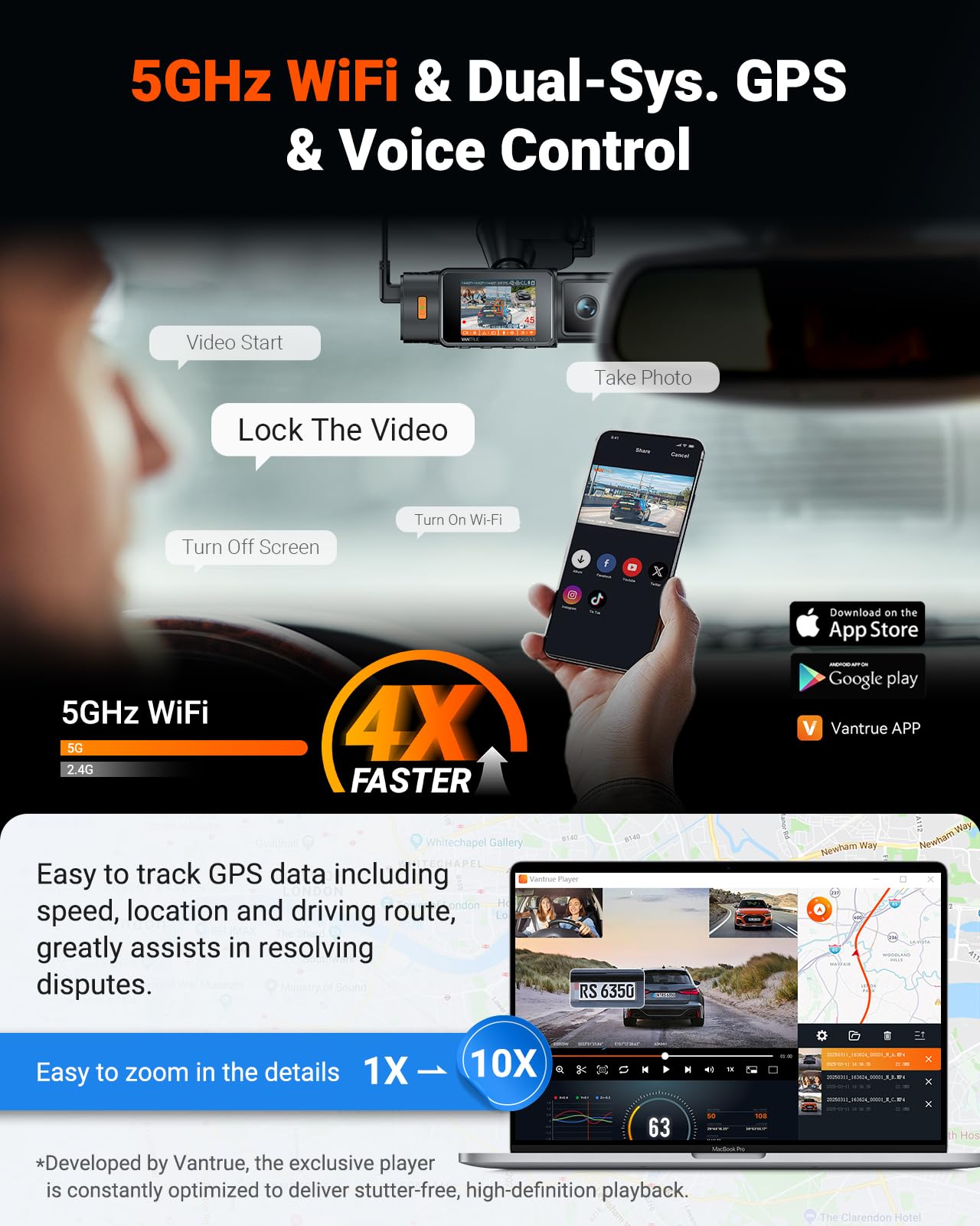 VANTRUE N4S Triple STARVIS 2 Dashcam Voiture 2.7K+2.5K+2.5K Avant et Arrière, 5GHz WiFi GPS Camera Embarquée Infrarouge, 3 Canuax HDR 360°, Contrôle Vocale Français, 15s Pré-Enregistrement, Max 1 to