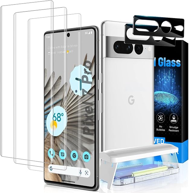 [3+2 Pack] for Google Pixel 7 Pro Screen Protector [Support Fingerprint Unlocking] 3x 3D Curved Tempered Glass and 2x Camera Lens Protector for Pixel 7 Pro 5G (2022)