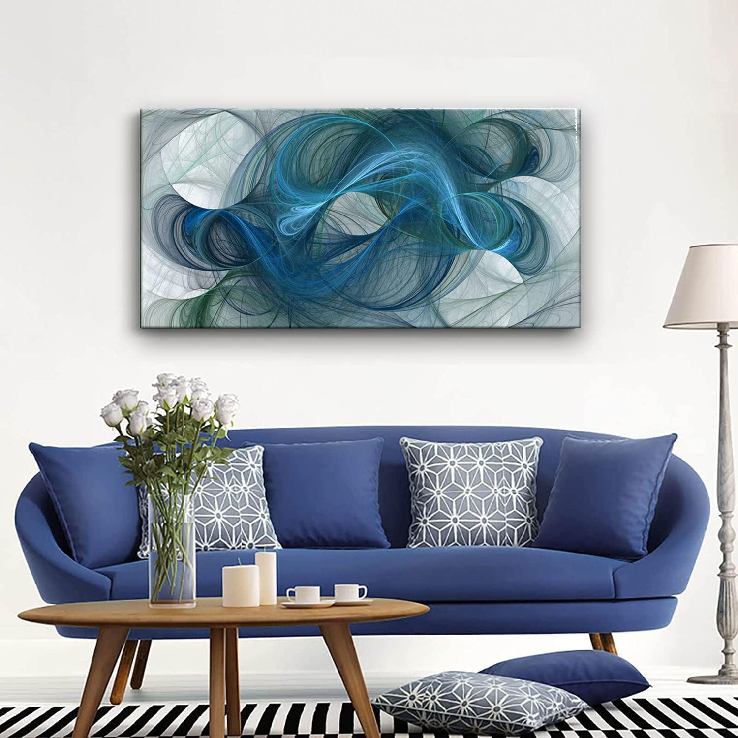 Large Framed Abstract Blue Green Line Wall Art Modern Large Canvas Painting Contemporary Abstract Lines Poster Prints Picture for Living Room Bedroom Office Ready to Hang 24x48 Inch
