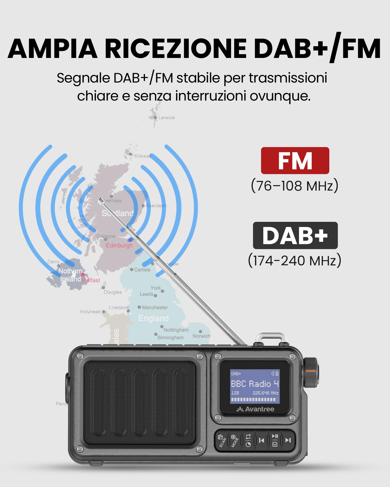 Avantree SP851 Radio Digitale Portatile DAB+/FM Bluetooth 6.0 Altoparlante Ricaricabile TF/USB Display LCD Scansione Automatica Torcia