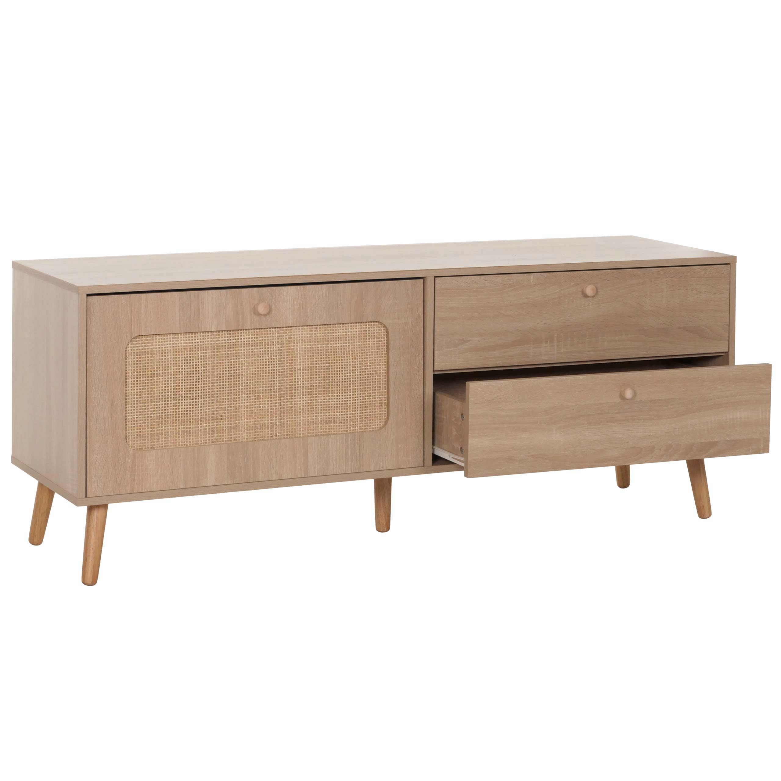 Meuble TV HWC-M38 Kubu rotin Bois 56x140x41cm Aspect chêne