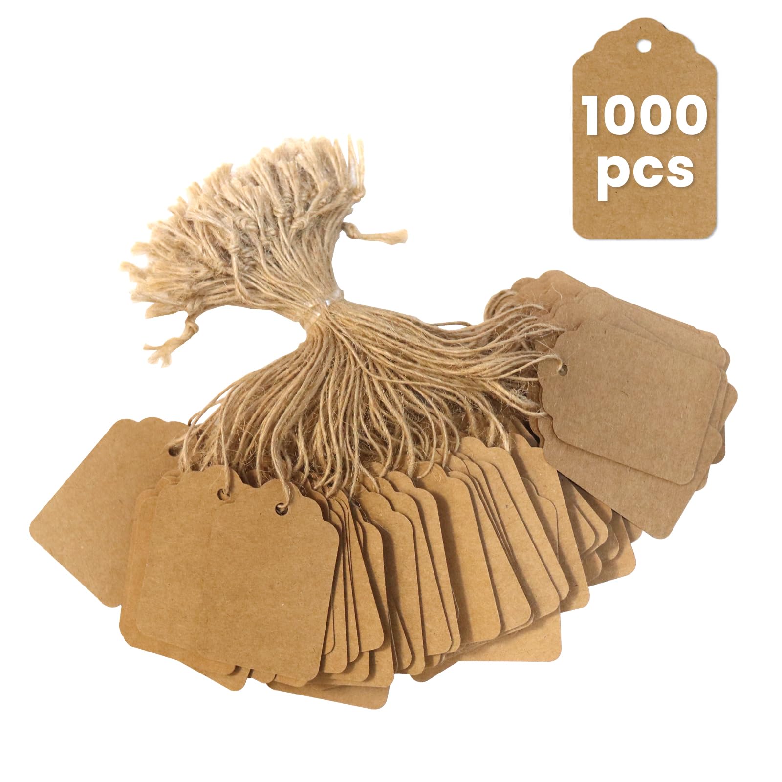 Photo 1 of Brown Price Tags with String 1000 PCS, 1.375 x 2.125 Inches, Goefun Kraft Paper Hang Tags for Gift Bags, Hanging, Clothing, Jewelry, Garage/Yard Sale, Inventory, 250 GSM
