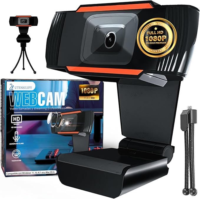 UTENSILIFY® Super Pack Webcam Full HD 1080P + TRIPODE | Camara Streaming con Microfono y Puerto USB | Camara Pc | Camara Web | Skype | Youtube | Twitch y Streaming | PC | Mac | Portátil | Tablet
