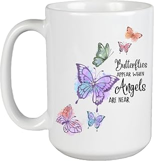 Memorial/Heaven Coffee Mug, Memorial Mug Gifts For Family, Friends, Relative, Bereavement Gift, Unique Sympathy Gifts, Butterflies Appear When Angels Are Near, Remembrance Mug/Tea Cup, Made in USA