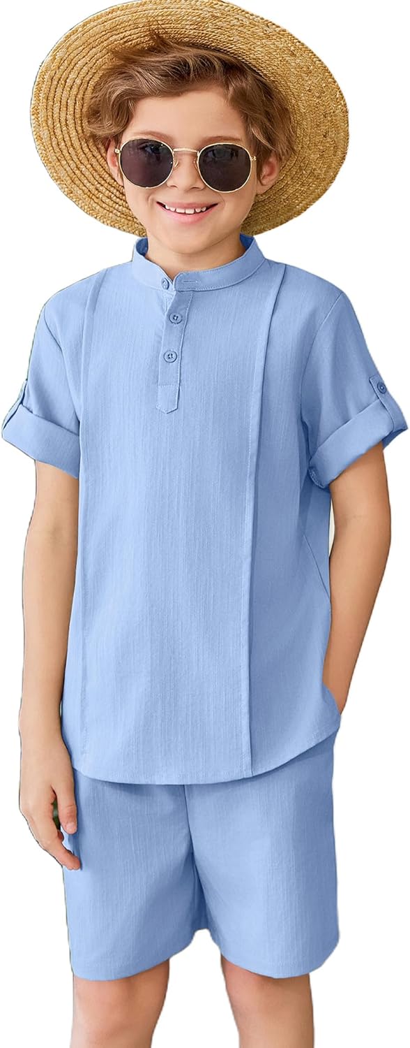 Arshiner Boy's 2 Pieces Linen Sets Short Sleeve Henley Shirt and Shorts Summer Beach Matching Outfits 4-12 Years