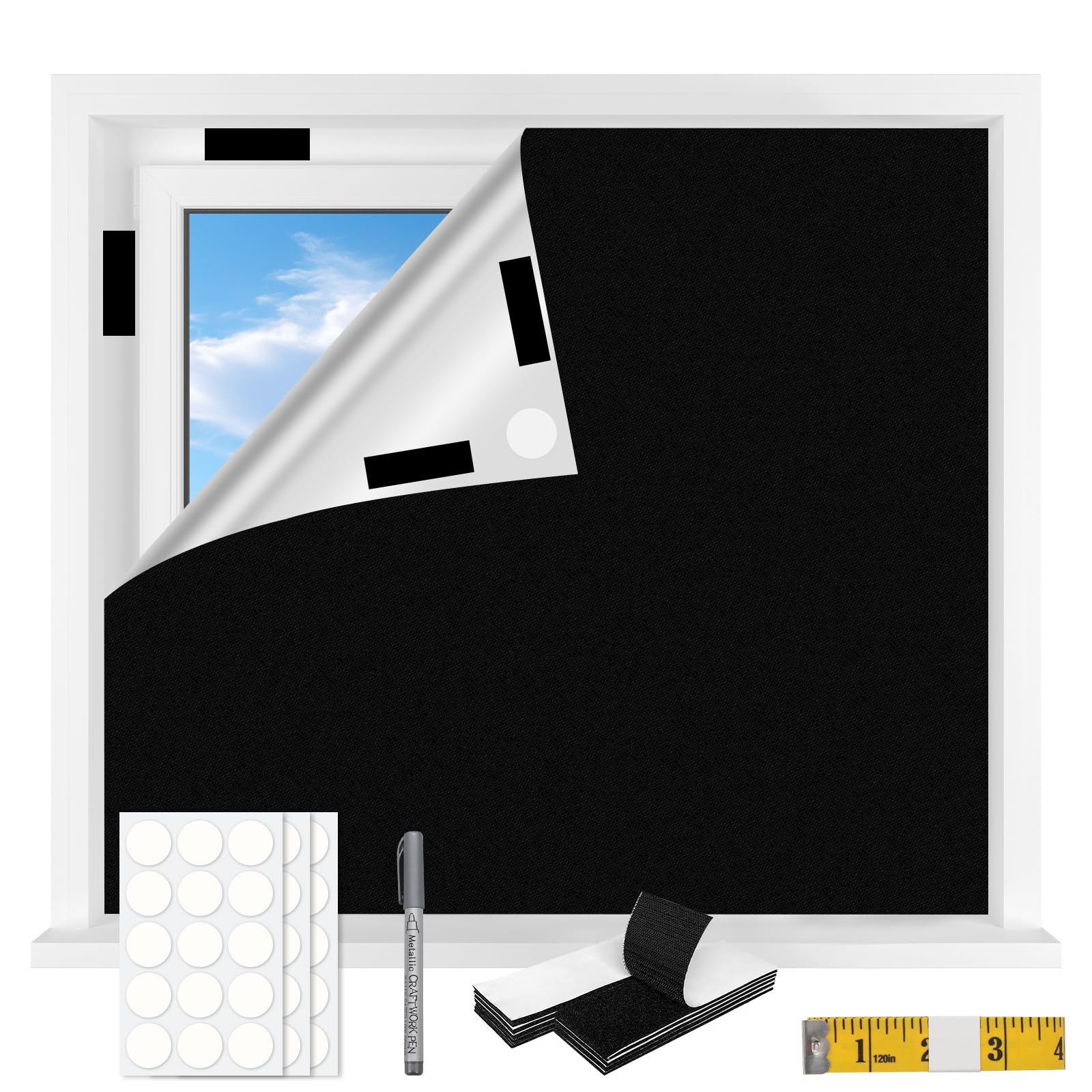 Flow fire Blackout Blinds Stick On Temporary, 300x145cm No Drilling Black Out Blinds for Windows, Portable Blackout Curtains for Bedroom, Travel, Nursery, Loft