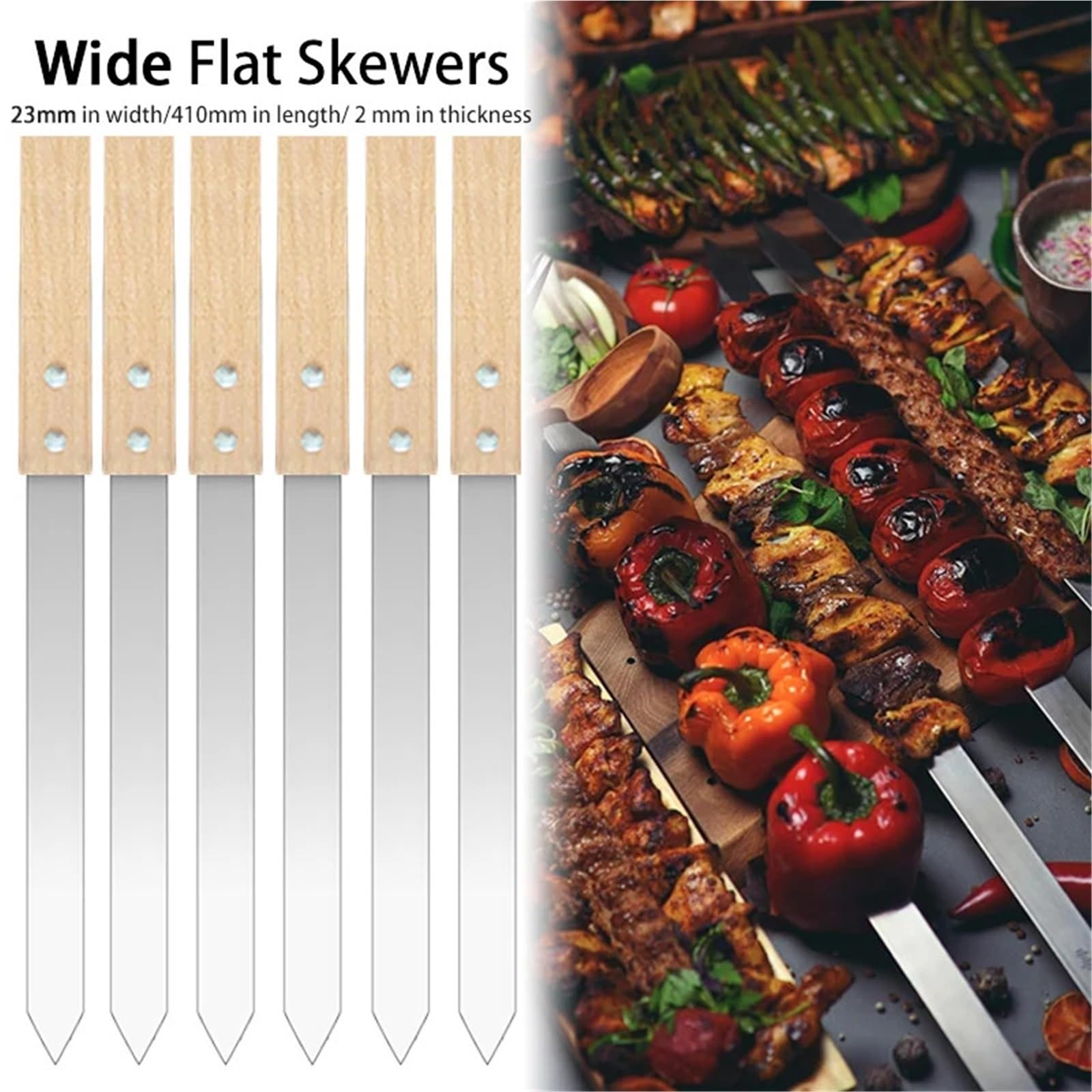 Brochetas Barbacoa Con Mangos De Madera Brochetas planas de 23MM ancho, brochetas for asar acero inoxidable, reutilizables for barbacoa, palo plano con mango madera(12pcs-410x23x2MM)