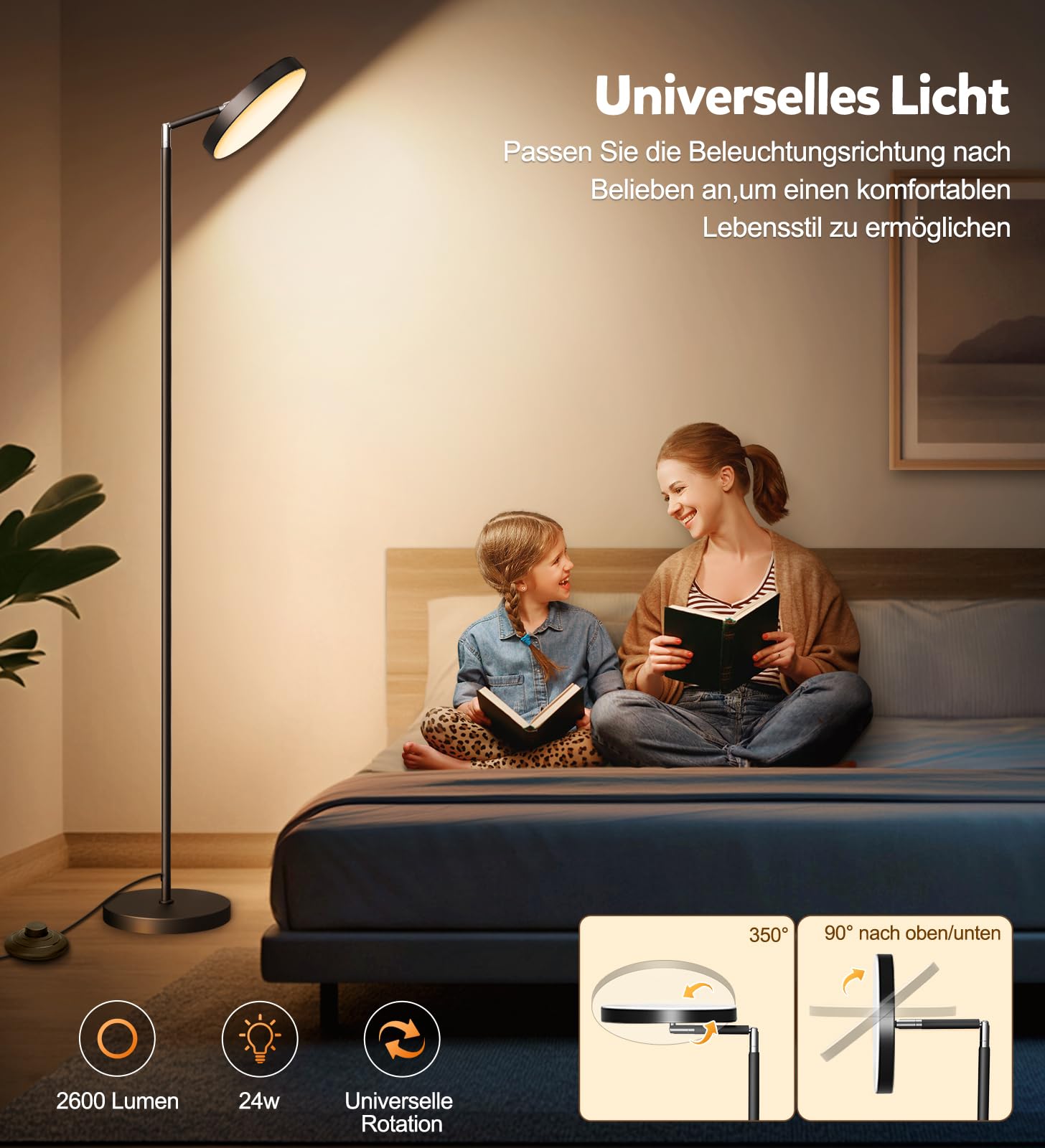 24W Deckenfluter LED Dimmbar 163cm,2600 Lumen Stehlampe Dimmbar mit Memory-Funktion,2700K-6500K Leselampe Stehlampen Schwarz,LED Stehlampe 1H Timer mit Fernbedienung für Schlafzimmer,Büro