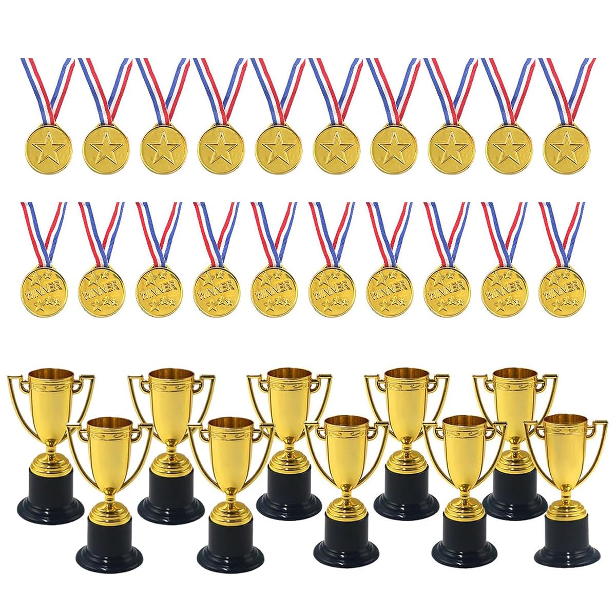 Lot de 20 mini-trophées et médailles, 10 trophées et 10 médailles, pour compétitions, événements sportifs, cérémonies, fêtes et célébrations