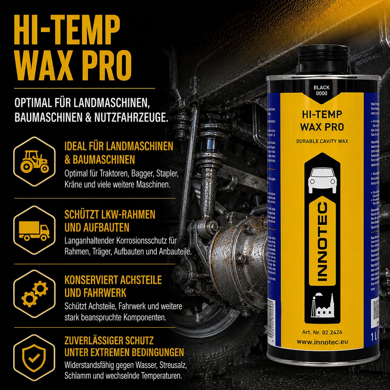4 Stück Innotec Hi-Temp Wax Dry Schwarz - Next Level Konservierung für Automotive & Industrie - Idealer Unterbodenschutz und Hohlraumkonservierung - Rostschutzmittel für Fahrzeuge - 1 Liter Dose