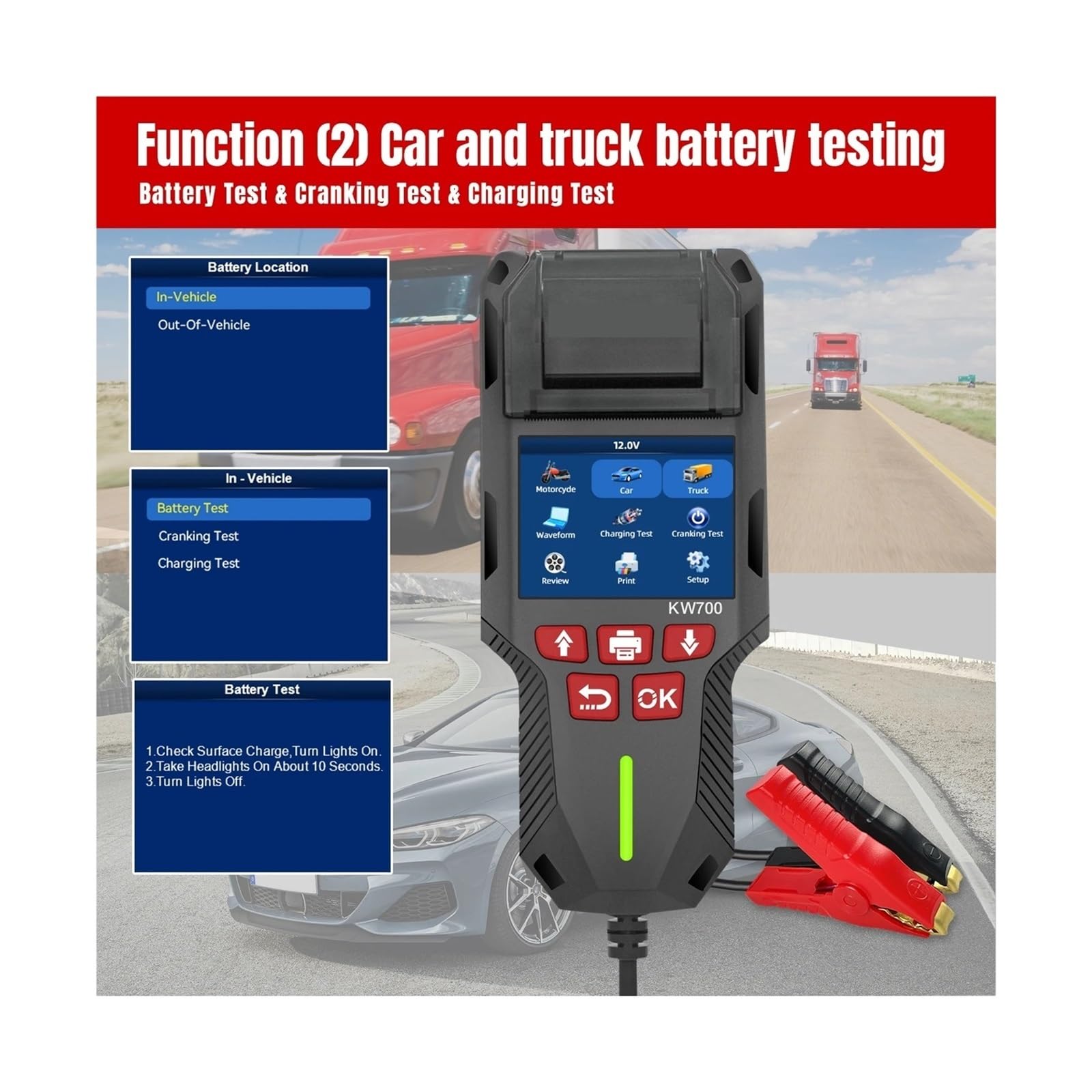 KW700 Tester akumulatorów samochodowych i ciężarowych z funkcją drukowania 12 V 24 V Analizator akumulatorów Test rozruchu Test ładowania 10-2000 CCA Rozrusznik Alternator