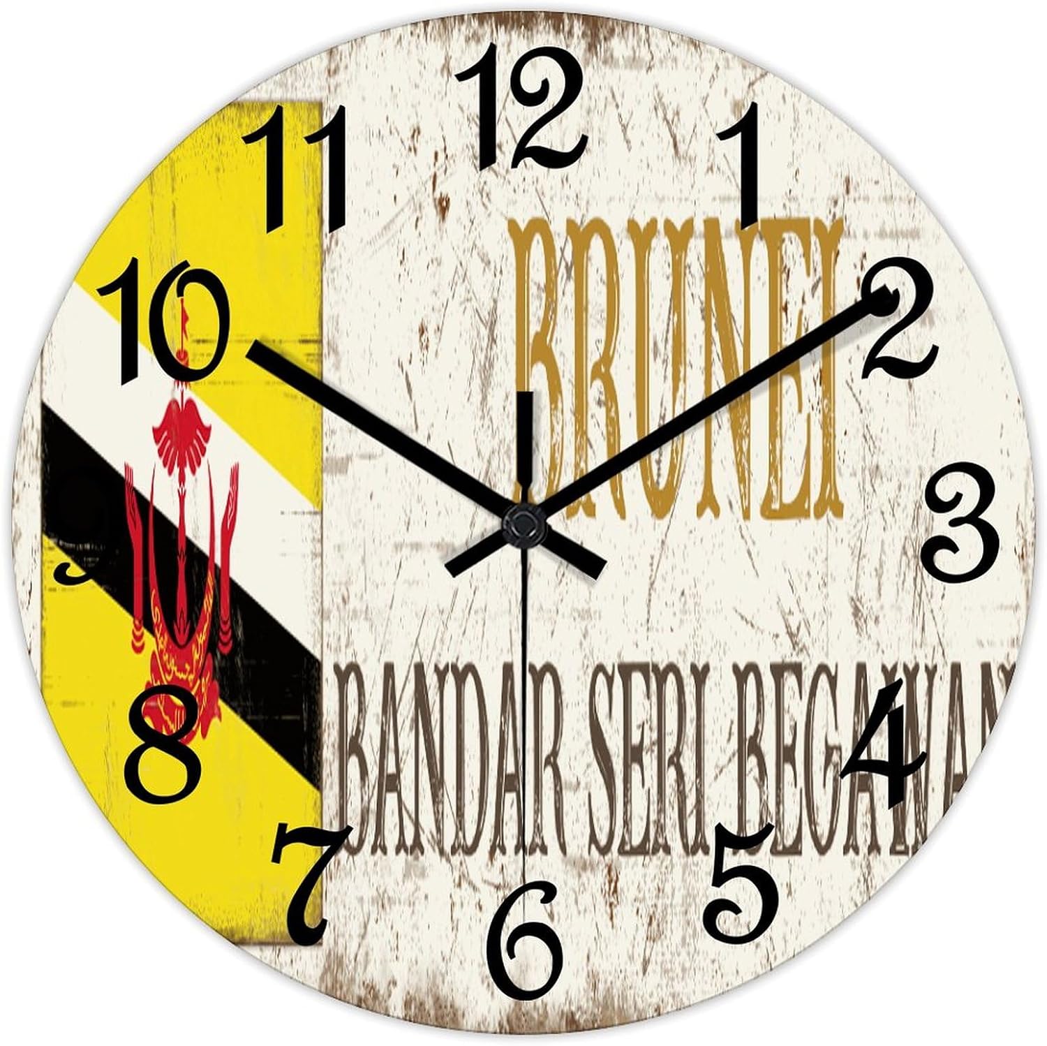 Brunei National Flag Round PVC Wall Clock Brunei Bandar Seri Begawan Quiet Silent Wall Clock Aesthetic Decorative Clock for School Kitchen Office Wall Hanging 15 Inch