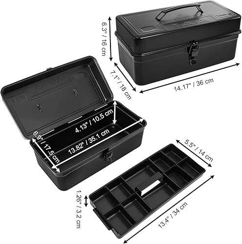 Miniatura 2 de Tosnail Caja de herramientas de metal, caja de herramientas vacía portátil de 14 pulgadas con asa, cierre de pestillo y bandeja de almacenamiento