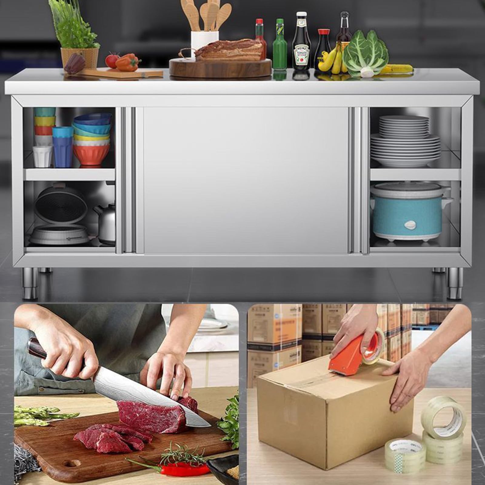 Banco da lavoro da cucina in acciaio inox con grandi ante scorrevoli e piano di lavoro (80 x 40 x 80 cm) – ideale per ristoranti e preparazione di cibo