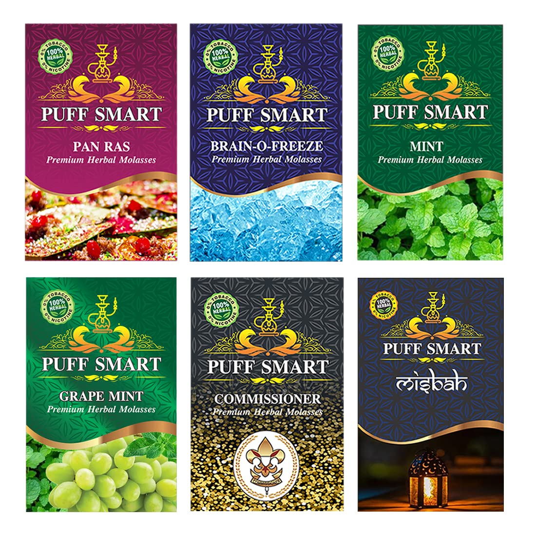 PUFF SMART Premium Herbal Flavor Pan Ras, Brain-o-Freeze, Mint, Grape Mint, Misbah, Comm. Combo (Pack Of 6) (100% Nicotine and Tobacco Free)-image-25