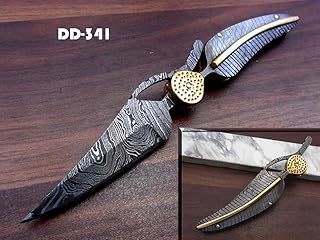 8" hand forged Damascus steel leaf folding pocket knife custom made, Engraved Damascus scale with bras art work cow leather sheath (Damascus) (Full Damascus) - Damascus Depot