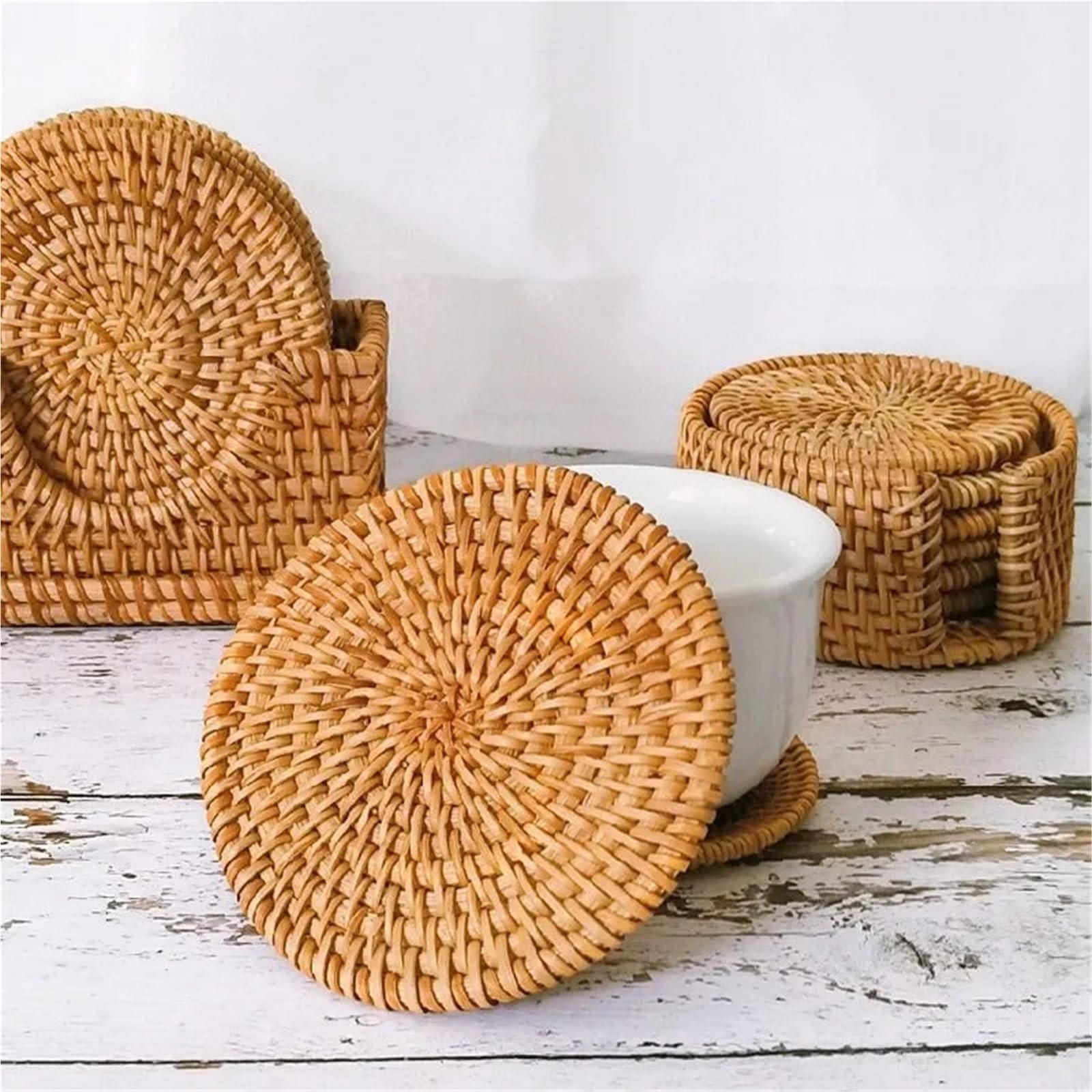 Set di sottobicchieri in rattan intrecciato a mano da 6 pezzi con supporto portaoggetti Per Tavolo