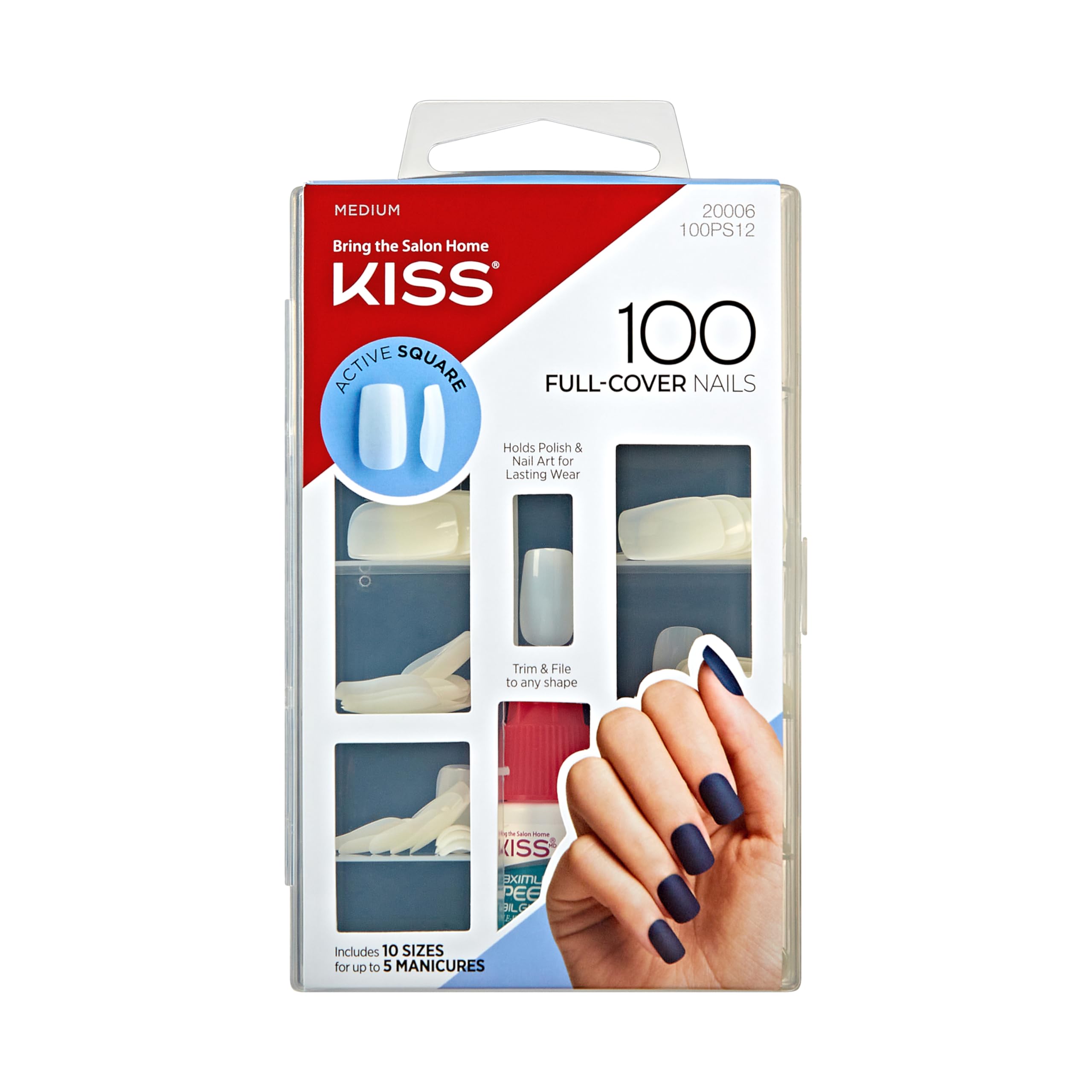 200 Full-Cover Manicure Kit, Medium Length Active Square Fake Nails, Longer Lasting, 10 Sizes with Maximum Speed Nail Glue