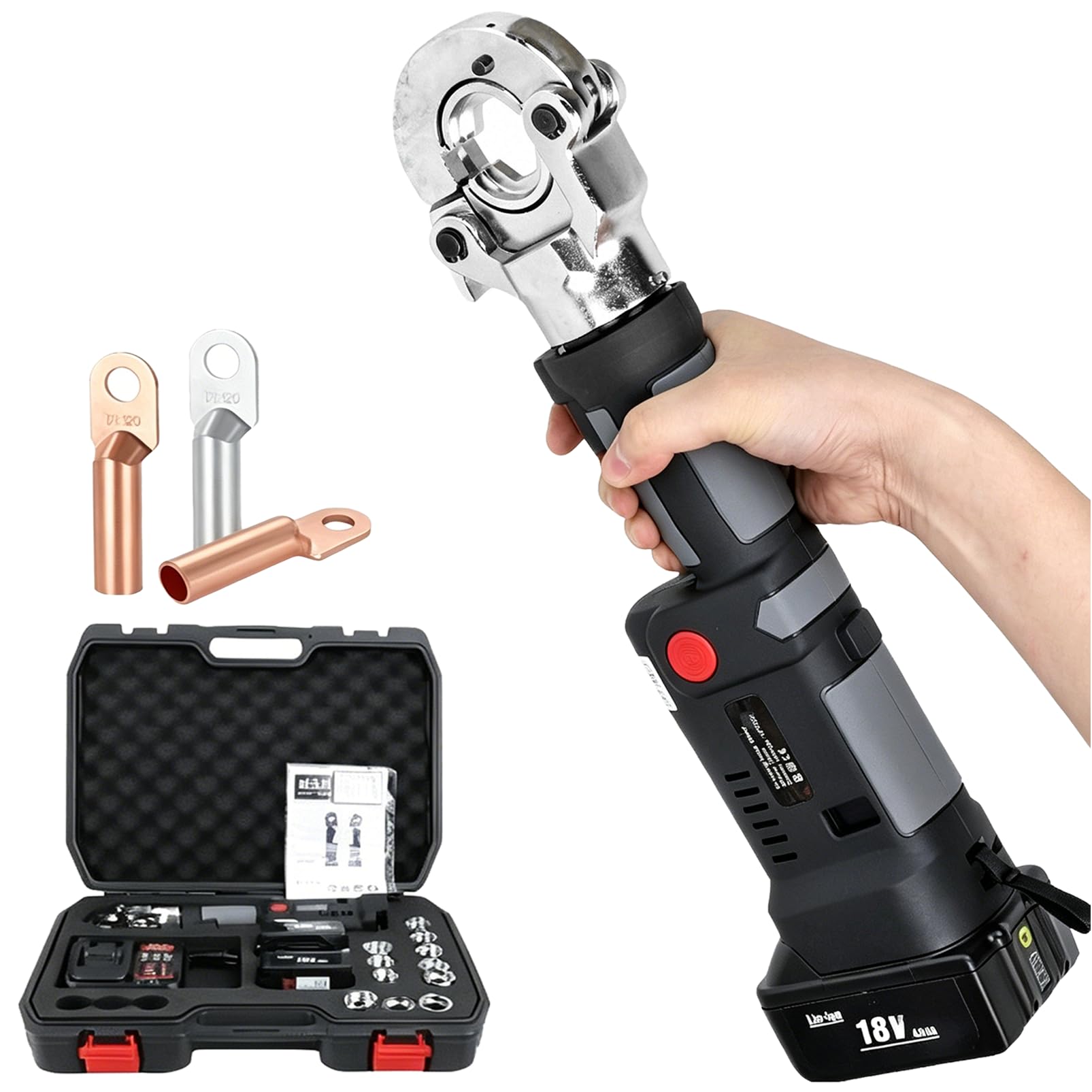 DmqChry 6 Ton Electric Hydraulic Crimper, 6AWG-600MCM Rechargeable Hydraulic Crimping Tool for Cu/Al Terminal, Wire Cable Lug Crimping Tool Kit with 11 Dies & 2X4 Ah Battery