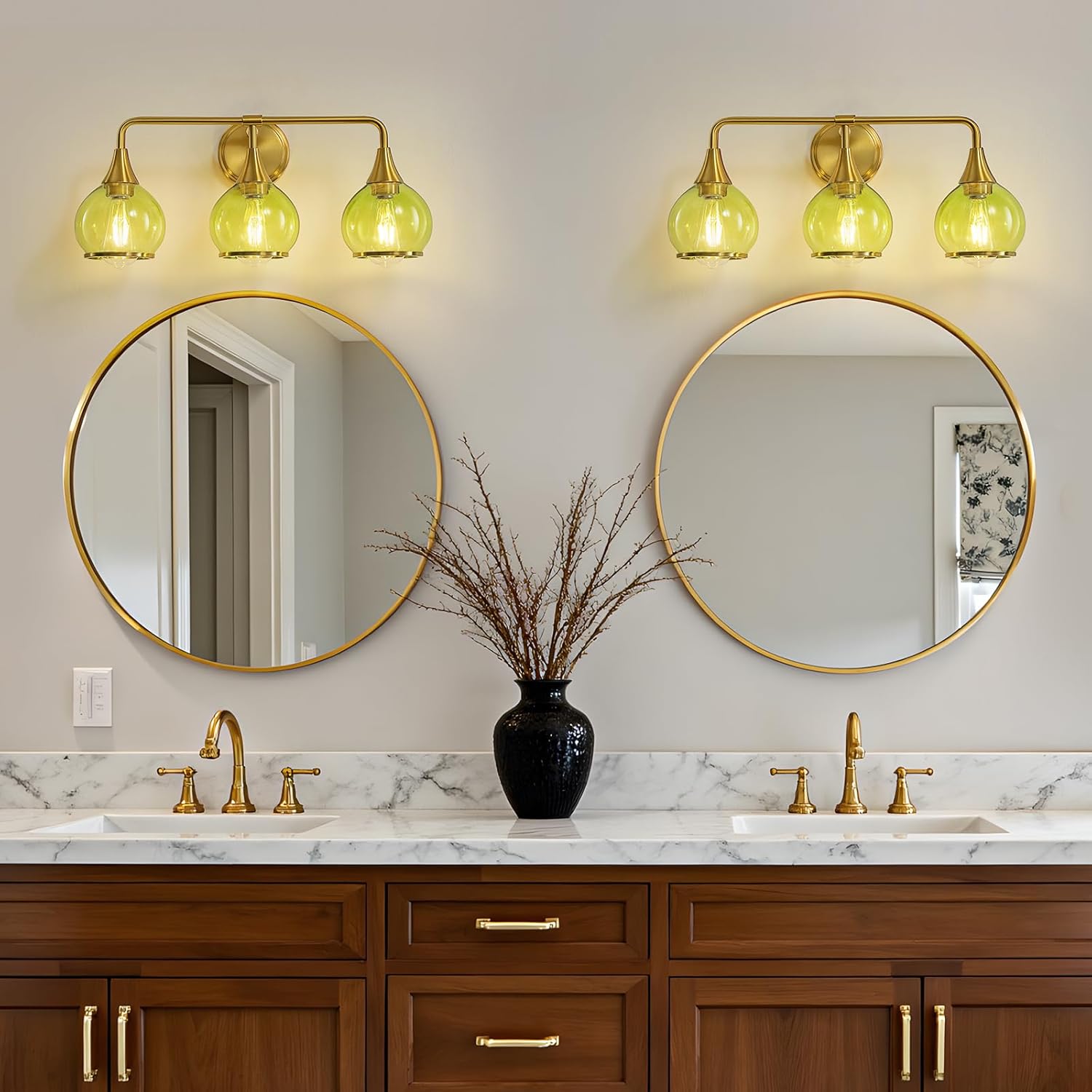 Brushed Gold Bathroom Vanity Light 3-Lights Bathroom Light Fixtures Over Mirror with Green Clear Glass Shade 22.4 inch Wall Sconce Lighting Bath(Exclude E26 Bulb)