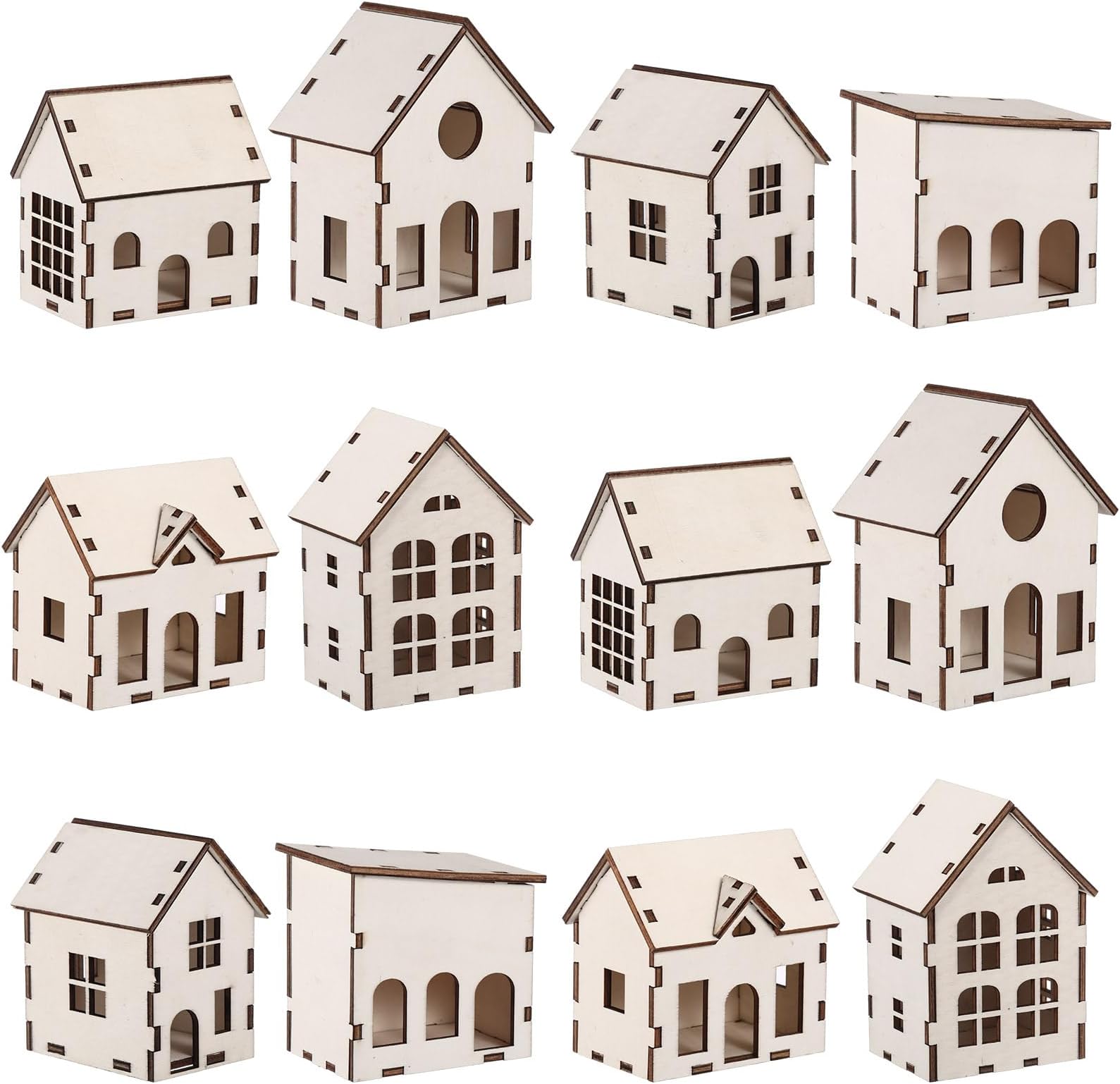 12 Pcs DIY Christmas Village Sets Wood Village Houses Christmas Mini Wooden House Gift for Winter Xmas Party Decorations