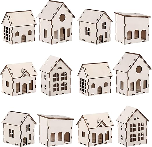 Hiboom 12 Pieces DIY Christmas Village Sets Wood Village