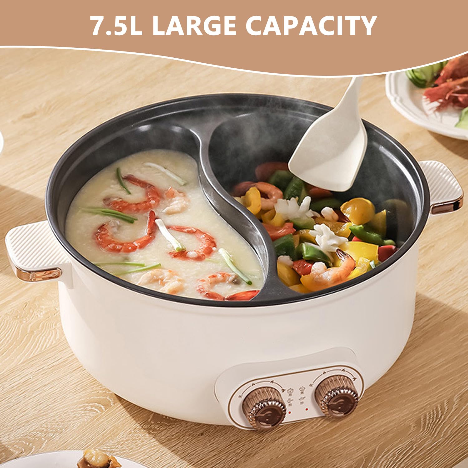 Hot pot électrique, 7,5 L Double Récipient avec Deux Régulateurs, 1600 W, Mijoteuse électrique avec Cloison de Séparation - 3 Vitesses, Hotpot Multifonctionnel pour Rôtir, Préparer des Ramen