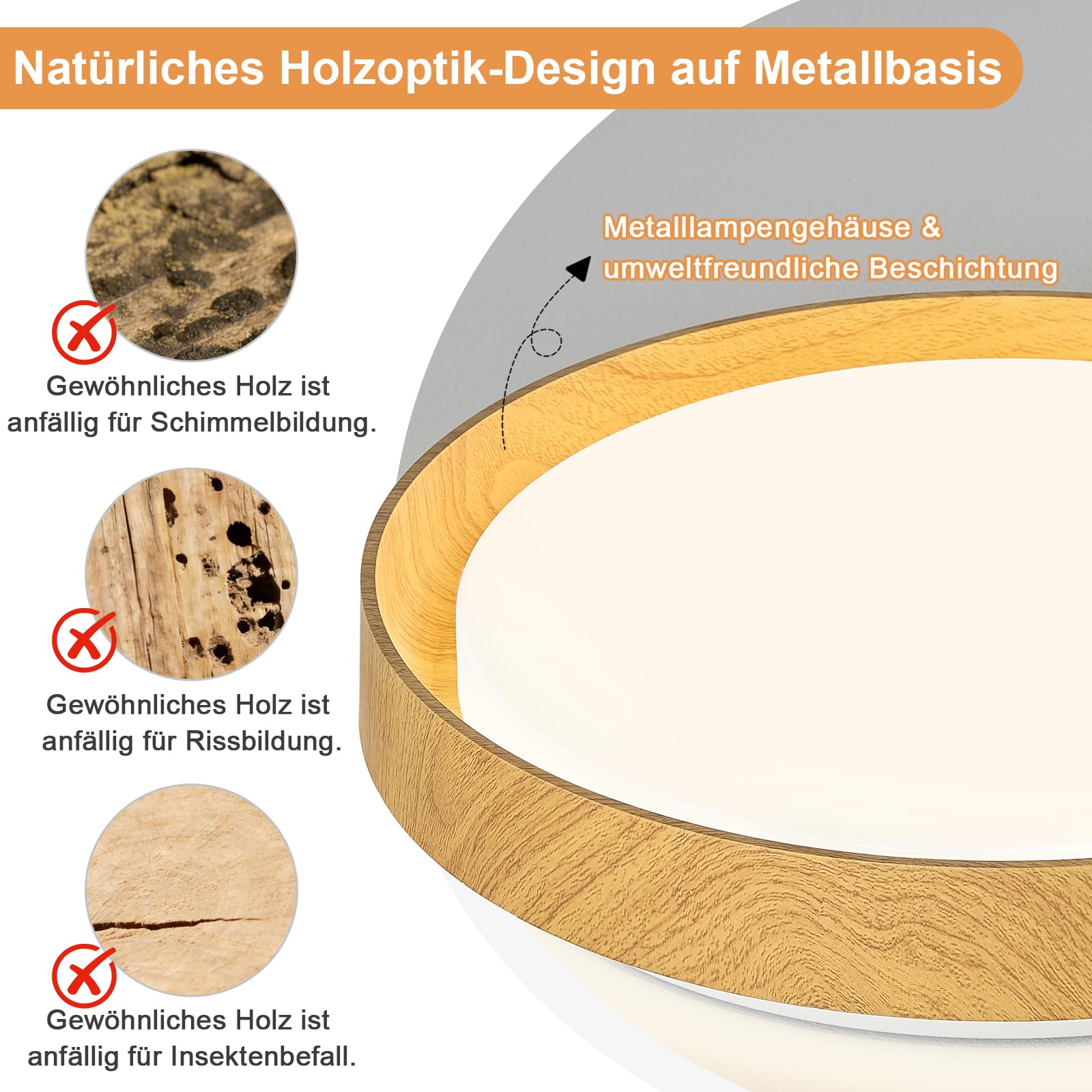 Qamra Plafón LED de Techo, Lámpara de Techo Redondo de 41 cm, Lámpara de Techo Metálica Moderna con Acabado de Madera para Sala de Estar, Cocina, Comedor, Dormitorio, Pasillo, Lavadero, 4000K, 36W