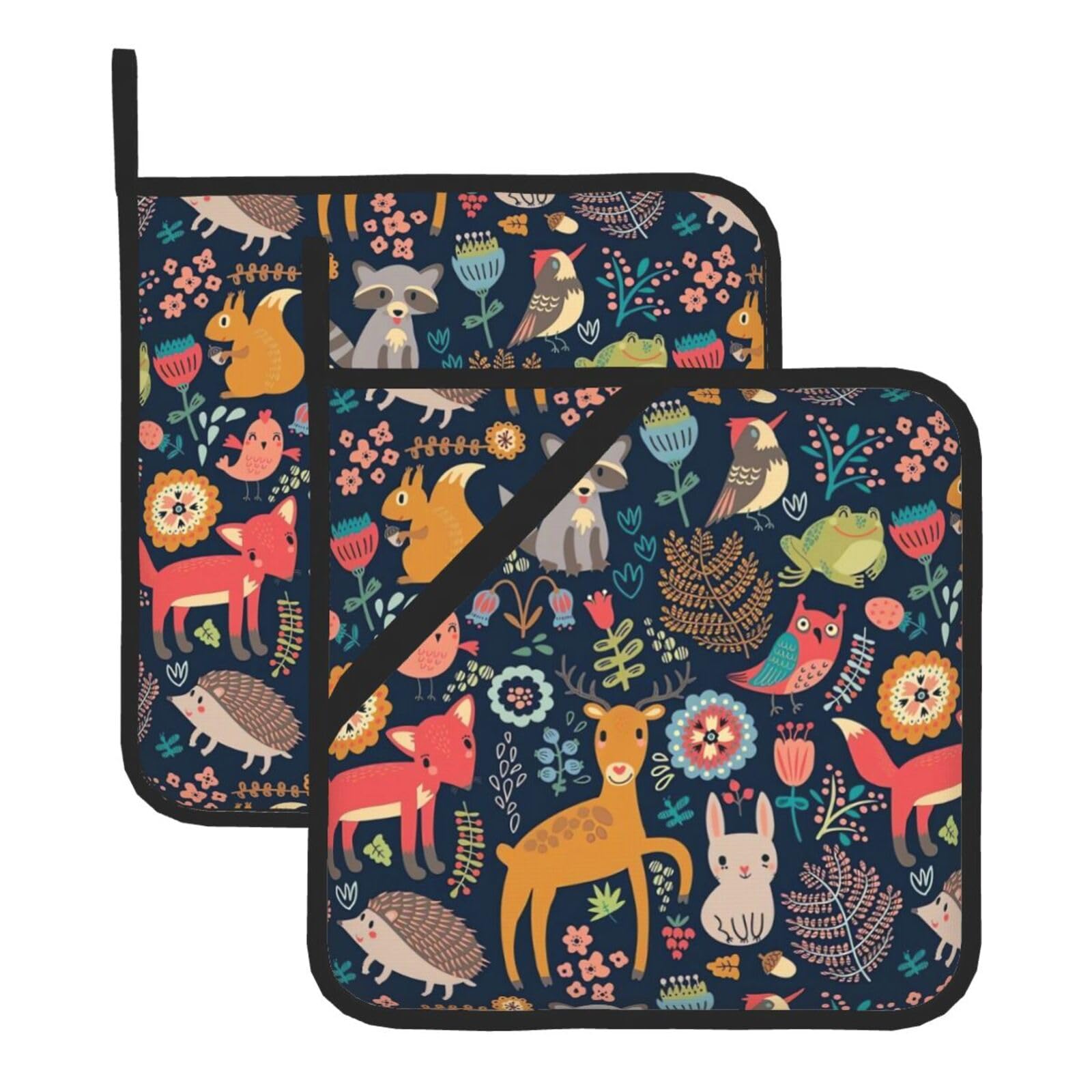 WHJSHOP Owl Rabbit Bird Fox Prints Square Hot Pads for Kitchen Counter - Thick Heat Resistant Trivets for Microwave & Oven, BBQ Grilling Cover (2 Pack)
