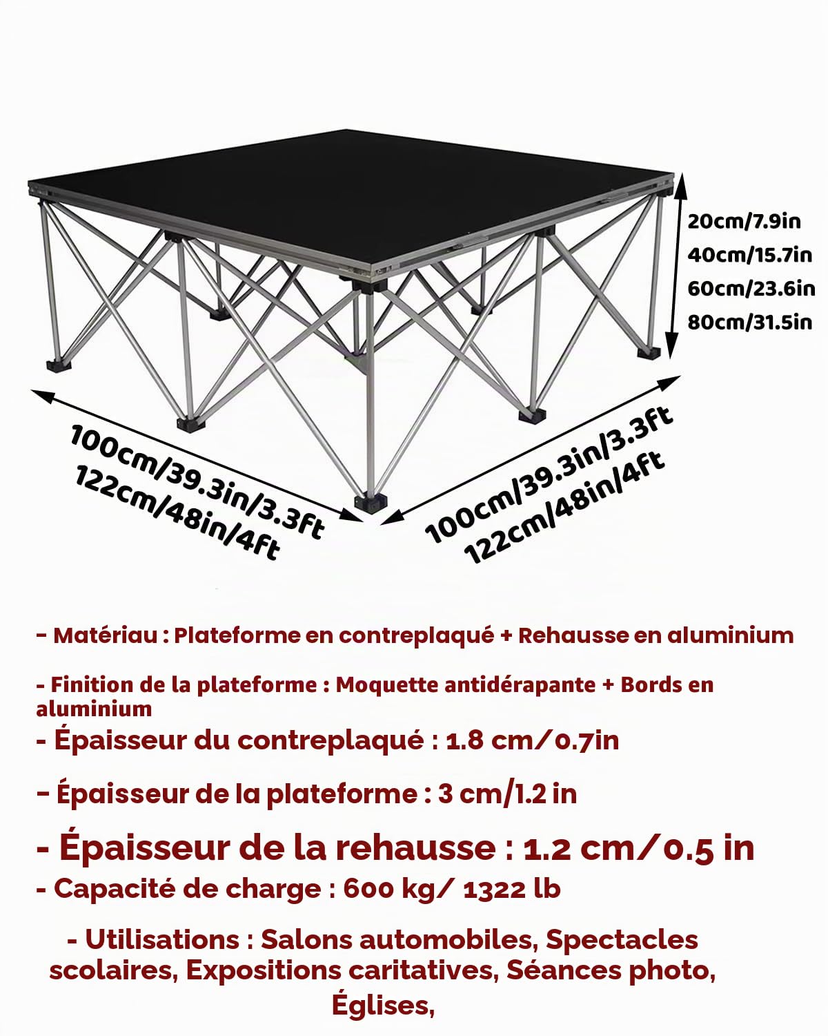 Plateforme de scène portable avec rehausseur, système de scène modulaire connectable pour événements, 0,9 x 0,9 / 1,2 x 1,2 m, idéal pour les auditoriums scolaires, design durable