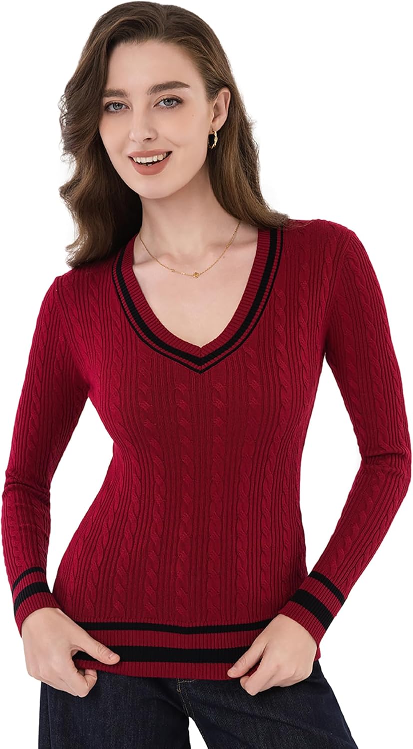 AmélieBoutik Women Casual V Neck Long Sleeve Preppy Sweater Trendy Striped Cable Knit Blouse Tops - Image 5