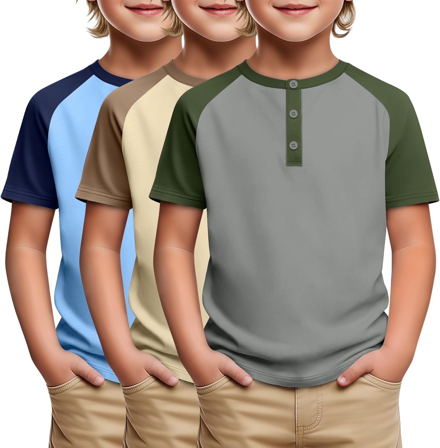 3 Pack Boys Short Sleeve Raglan T Shirts Kids Henley Shirt Basic Baseball Tops 5-14 Years