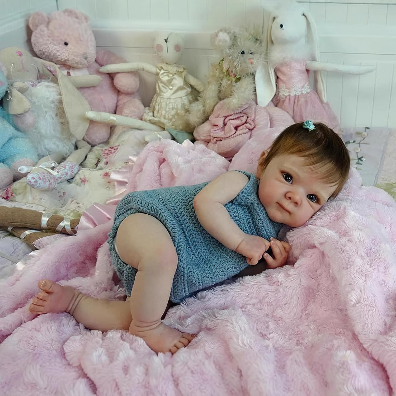 18 Inch Realistic Baby Doll Reborn Newborn Girl Doll Lifelike - Cuddly Body Awake Eyes Blue Knit Romper Nursery Decor Birthday