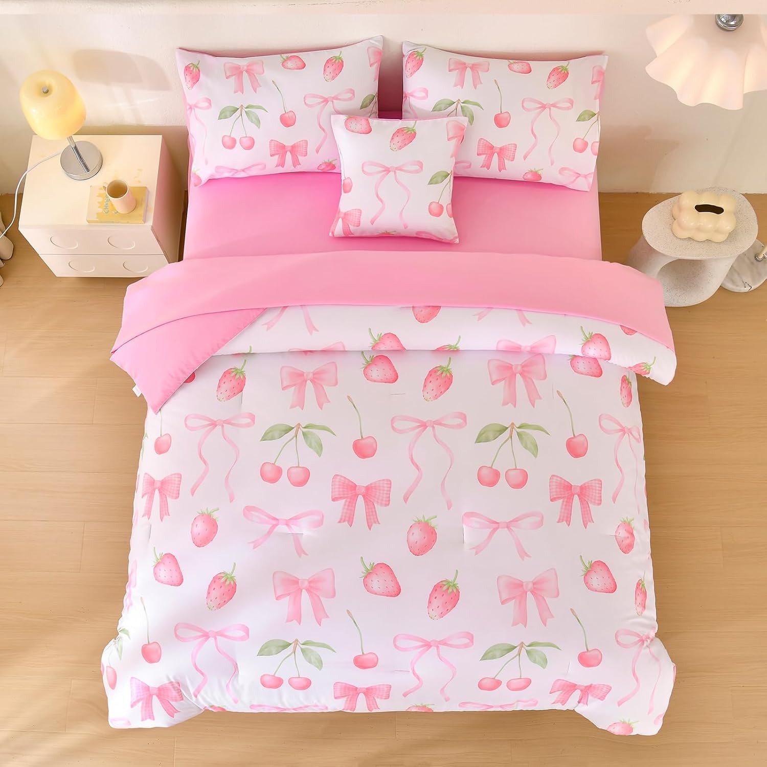 6 Pcs Bed in A Bag Pink Full Comforter Set for Girls,Bow Comforter Set,Cherry Strawberry Bedding Sets with Sheets for Kids - Image 6