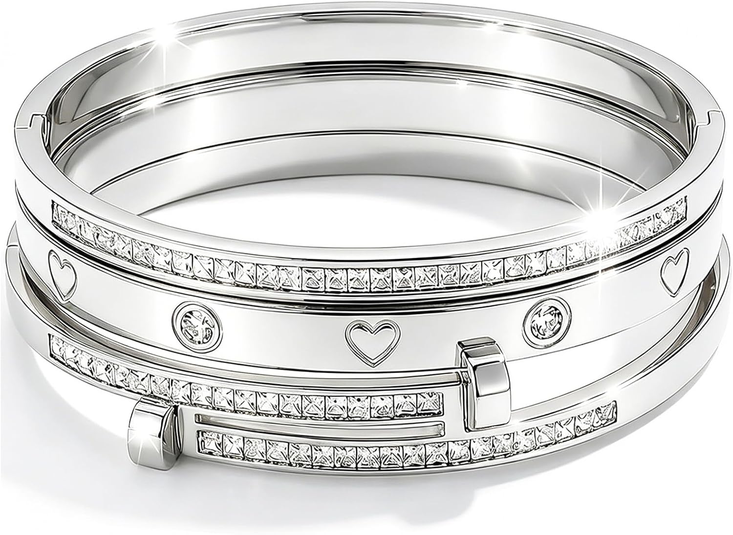 Camhanno Stackable Silver Bracelets for Women Stainless Steel Love & Friendship Bangle, Mothers Day Valentines Birthday Christmas Jewelry Gifts for Mom Her Wife Grandma