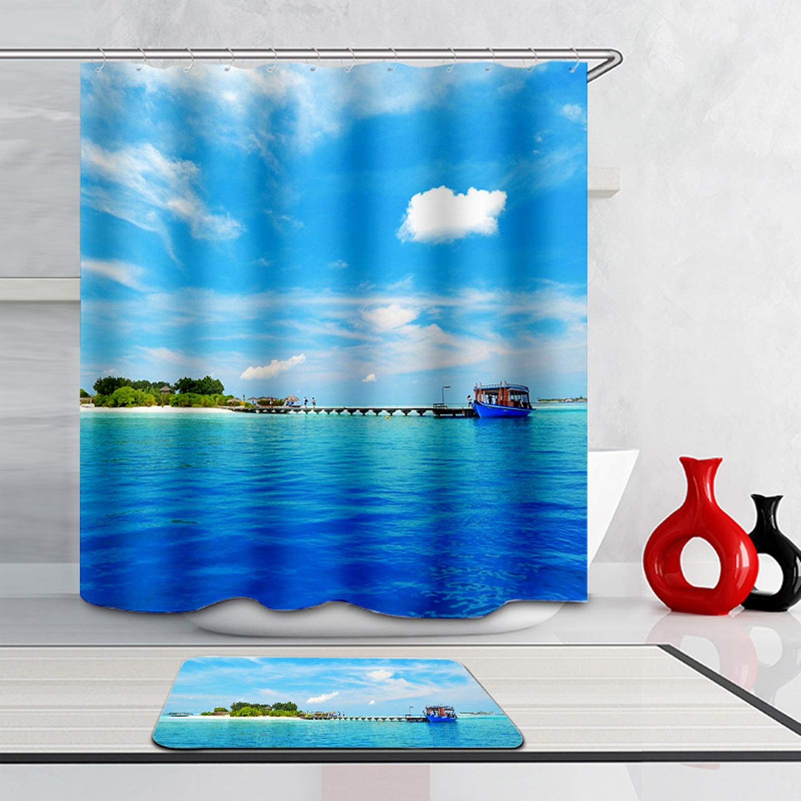 Daesar Dywaniki łazienkowe prysznic antypoślizgowe 40 x 60 łódź rybacka nad morzem zasłona łazienkowa 180 x 180 cm antypleśniowa, zestaw 2 sztuk
