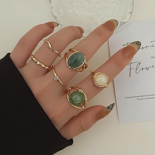 Miniatura 3 de Juego de 6 anillos de diamantes de imitación dorados y verdes para mujer, anillo de piedra preciosa natural, anillo de buena suerte, anillos verdes