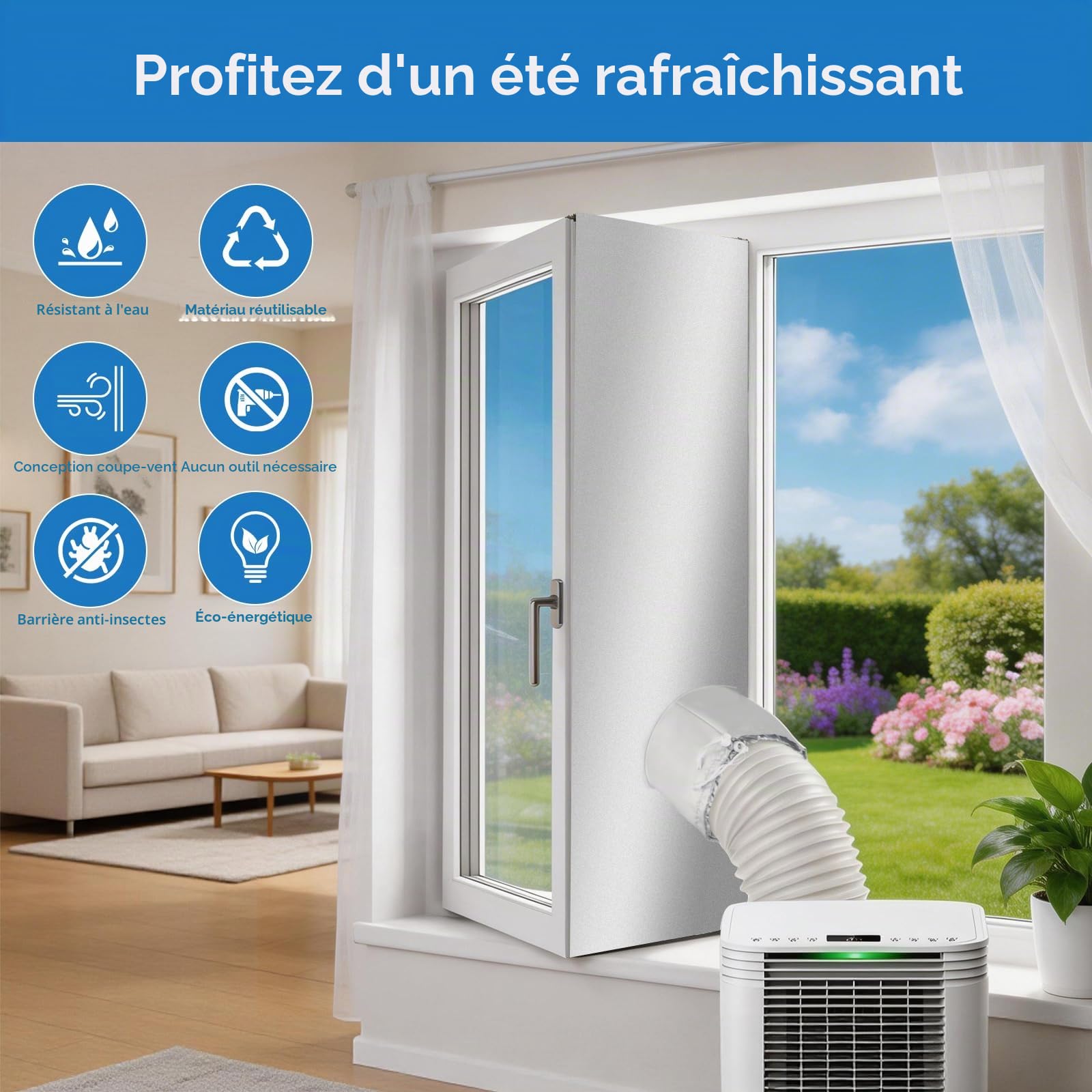 Kit Étanchéité pour Fenêtre 5M Qoosea, Climatiseur Mobile avec Bande Auto-Agrippante et Attaches, Sans Perçage pour Climatiseur Portable, Sortie Sèche-Linge, Fenêtres à Battant, Réutilisable