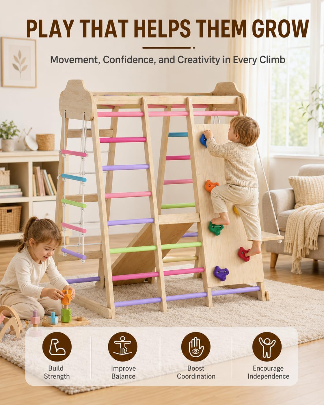 9-in-1 Indoor Playground for Toddlers, Montessori Wooden Jungle Gym Kids Climbing Indoor with Slide, Swing, Monkey Bars, Rock Wall, Rope Ladder & Net, Activity Playset for Boys Girls