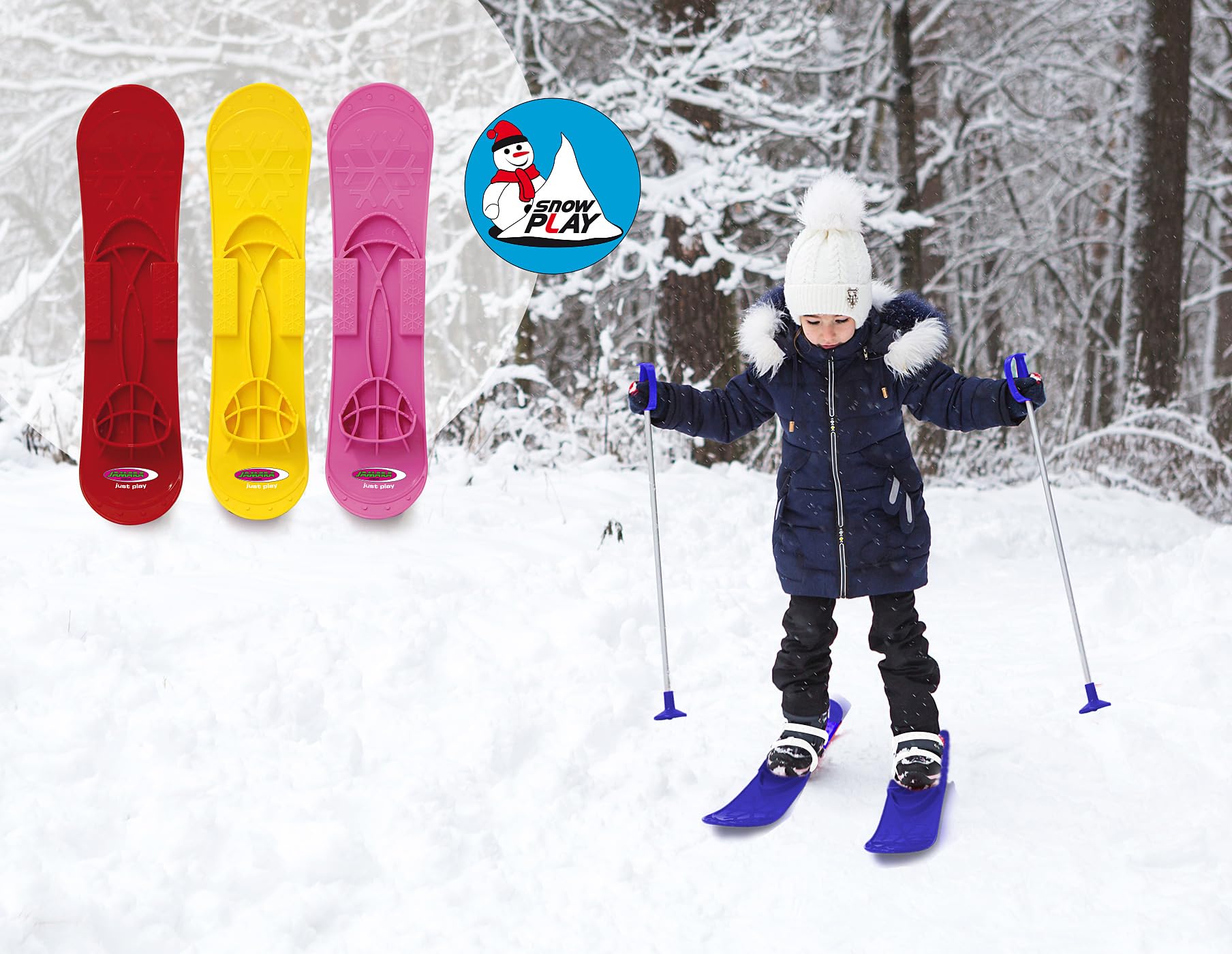 Snow Play Funny Carve 1st Step 42cm - aerodynamische Bauweise, Skistöcke 60 cm, sichere / verstellbare Befestigungsschlaufen Größen (23 - 28), Anti Rutsch Rillen