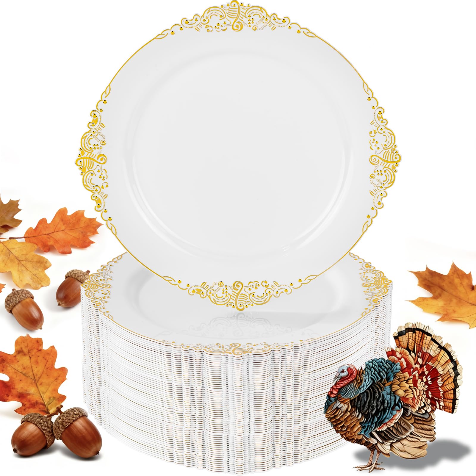 Nervure 100Pcs White and Gold Plastic Plates - 10.25Inch Gold Disposable Plates - Heavyweight Dinner Plate for Wedding & Party & Christmas