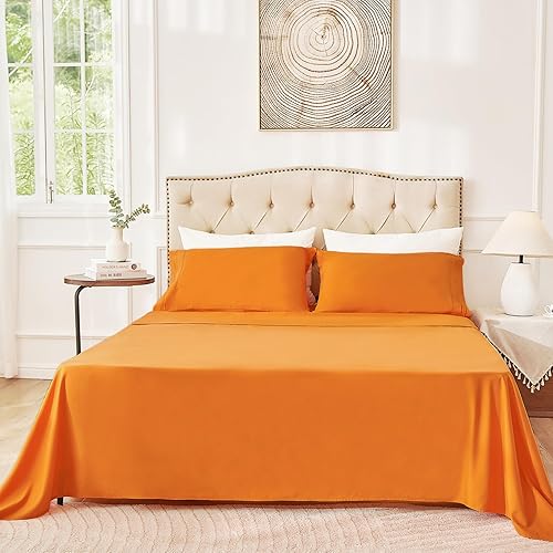 Juego de sábanas de tamaño matrimonial color naranja, juego de sábanas bajeras y fundas de almohada de bolsillo profundo, 4 piezas de microfibra de