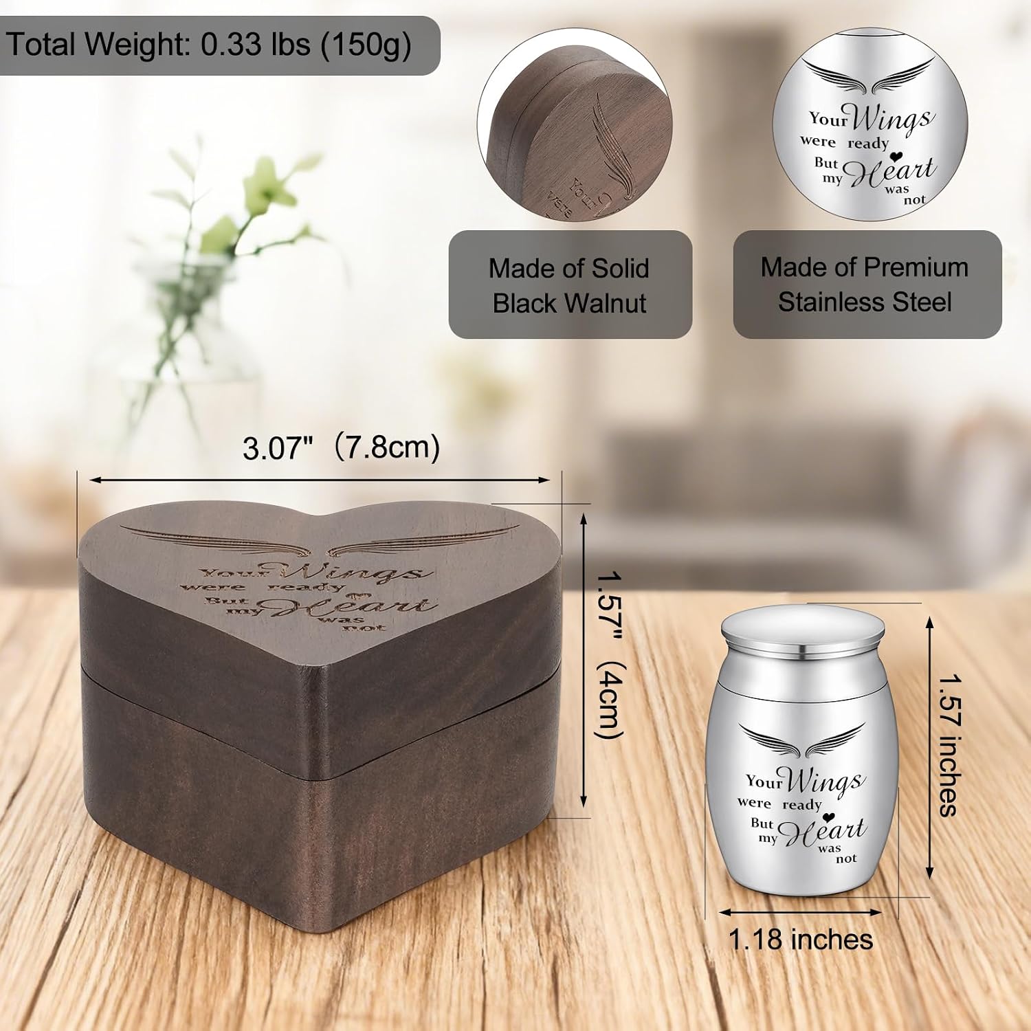 Dletay Angel Wing Small Urns for Human Ashes Heart Shaped Wooden Keepsake Box 1.57 Inches Mini Cremation Urns for Women Men Memorial Funeral Urn image 2