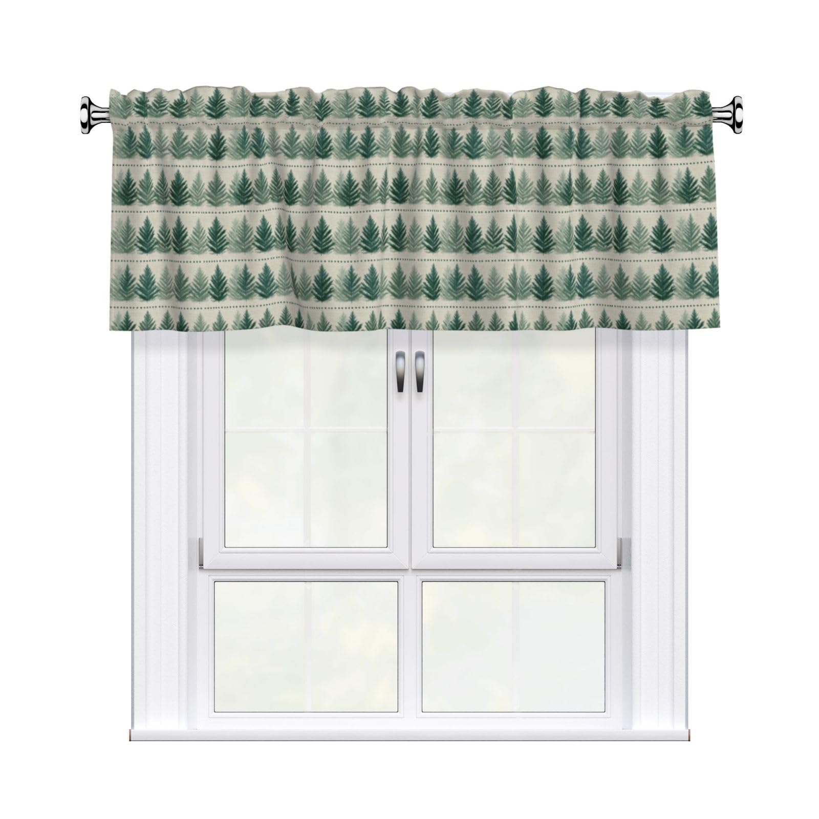 Woshuwo Green Fern Motifs In Rows Textile Pattern Valances For Windows Rod Pocket Window Treatment Short Curtains For Kitchen Living Room Bedroom Decor 54x18in