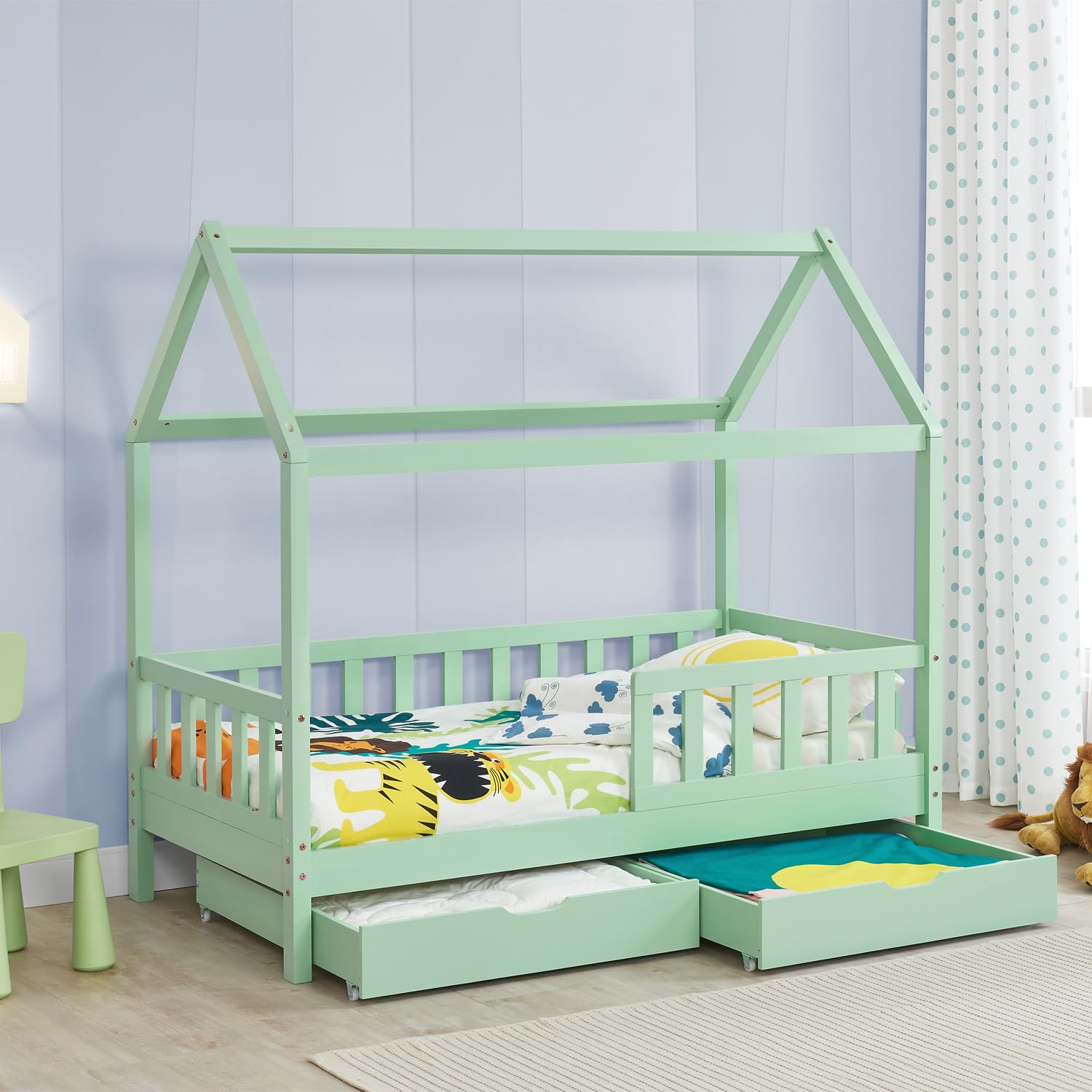 Juskys Kinderbett Marli – 80 x 160 cm Hausbett aus Massivholz in Mint mit Bettkasten, Rausfallschutz, Lattenrost und Dach