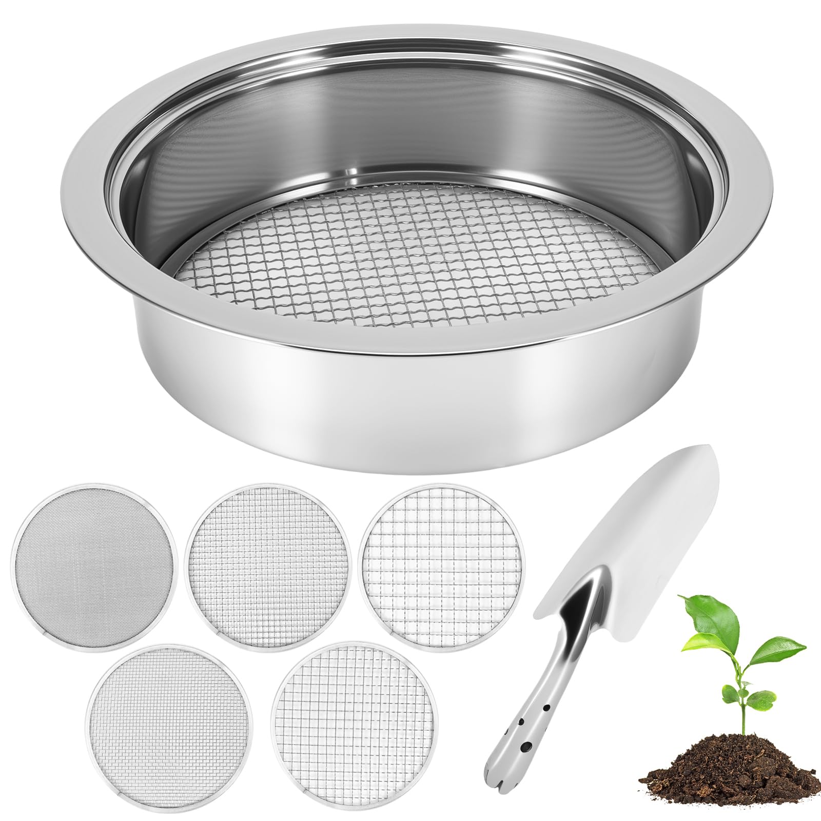 DEECOZY Gartensieb aus Edelstahl, Bodensieb für die Gartenarbeit mit 5 Austauschbaren Feinsieben Ø 1,3,6,9,12 mm, 1 Handspaten, Kompostsieb für Erde, Steine, Kompost, Unkraut, Sand, Schotter, Saatgut